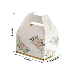 25 Pack White Pink Peony Flowers Print Candy Gift Tote Gable Boxes with Gold Edge, Party Favor Treat Boxes - 6"x3.5"x7"