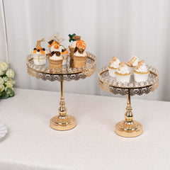 Set of 2 Pedestal Cake Stands Round Design with Mirror Top Gold - Crystal Beaded Cupcake Dessert Display Metal 11", 13"