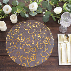10-Pack Table Placemats Embossed Foil Flower Design Metallic Gold Round - Sheer Organza Disposable Mats 13"