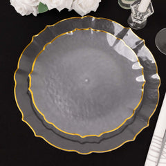 10-Pack Plastic 10" Round Dinner Plates in Clear Sunflower with Gold Scalloped Rim - Disposable Party Plates for Classy Events & Banquets