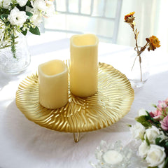 Metal Round Serving Tray 12" in Gold Floral Pattern with Wavy Rim, Pedestal Dessert Display with Hairpin Legs