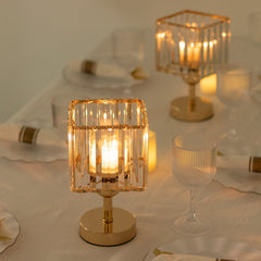 2 Pack 9" Crystal Pendant Hurricane Candle Holders in Gold, Elegant Square Design for Pillar Candles, Decorative Table Centerpieces