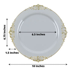10-Pack Plastic 10" Round Dinner Plates in Gray with Gold Leaf Embossed Rim - Disposable Vintage Baroque Style Plates