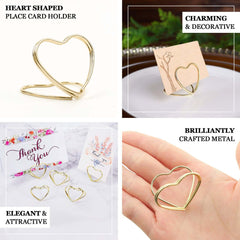 10-Pack Metal Card Holder Stands Double Heart Design Gold - Table Number Stands and Wedding Place Card Menu Clips 1"