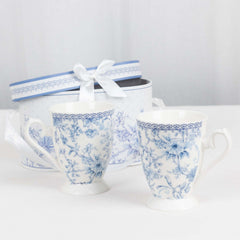 White Blue French Toile Bridal Shower Gift Set, 2 Pack Porcelain Tea Cups With Matching Keepsake Gift Box and Satin Ribbon Handle