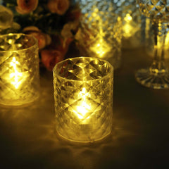 12-Pack LED Tealight Candle Holders Whiskey Glass Design Clear - Warm White Battery Operated Lights 3"