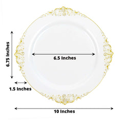 10-Pack Plastic 10" Round Dinner Plates in White with Gold Leaf Embossed Rim - Disposable Vintage Baroque Style Plates for Luxurious Gatherings & Events