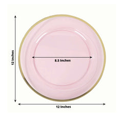 10-Pack Economy Plastic Round Charger Plates 12" in Transparent Blush with Wide Gold Rim, Decorative Dinner Party Serving Plates