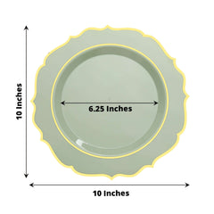 10-Pack Plastic 10" Round Dinner Plates in Sage Green with Gold Scalloped Rim - Disposable Party Plates