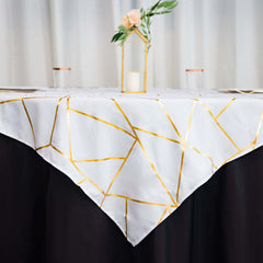 Polyester 54"x54" Table Overlay Square Tablecloth White with Gold Foil Geometric Pattern - Wrinkle-Resistant & Durable for Stylish Settings