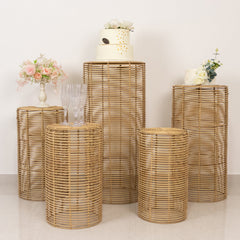 Set of 5 Natural Woven Rattan Wicker Pedestal Stands, Boho Chic Side Table Cylinder Cake Dessert Plant Display Stands - 20",21",24",29",36"