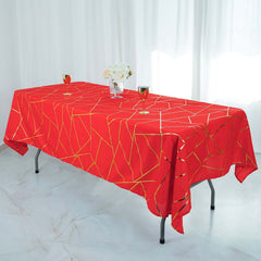 Polyester 60"x102" Rectangle Tablecloth Red with Gold Foil Geometric Pattern - Wrinkle-Resistant & Durable Table Cover