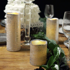 Set of 3 LED Flameless Pillar Candles Remote Operated Metallic Silver - Battery Powered 4", 6", 8"