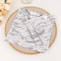 Sequin Mesh 20"x20" Napkin SIlver - Wave Embroidered Reusable Napkin