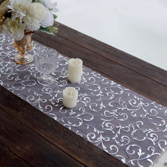 Sheer Organza 12"x108" Table Runner Roll Metallic Silver Foil Embossed Floral Design - Stylish Event Decoration