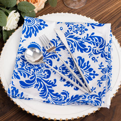 5 Pack Taffeta 20"x20" Napkins Royal Blue/White Damask Flocking Design - Decorative Dinner Napkins