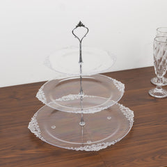 3-Tier Clear Plastic Cupcake Tower Stand with Silver Embossed Baroque Rim, 13" Round Cake Dessert Holder Display Stand Tiered Serving Tray with Top Handle