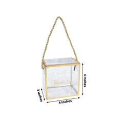 25 Pack Plastic Clear Square Gift Boxes with Gold Trim - Transparent Favor Boxes, Rope Handle, Pre-Printed Thank You Message - 4"x4"