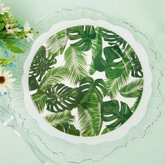 25-Pack Paper 7" Round Dessert Plates in White with Tropical Palm Leaf Design - Disposable 300GSM Appetizer Salad Plates for Boho Chic & Jungle Themed Events
