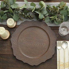 6-Pack Acrylic Round Charger Plates 13" in Rustic Brown with Wood Grain Scalloped Rim, Decorative Dinner Party Charger Tableware