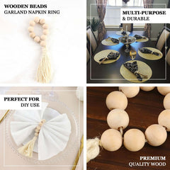 4 Pack 6" Cream Rustic Boho Chic Wood Bead Napkin Rings With Tassels, Farmhouse Country Napkin Holders