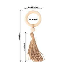 4 Pack Cream Wooden Napkin Rings with Woven Jute Beaded Tassel, Rustic Boho Chic Serviette Buckles
