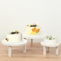 Set of 3 Wooden Pedestal Cake Stands Whitewash with Removable Legs - Stackable Round Rustic Plant Risers 7", 9.5", 12"
