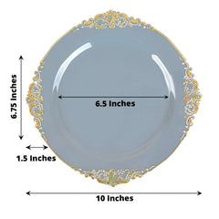10-Pack Plastic 10" Round Dinner Plates in Dusty Blue with Gold Leaf Embossed Rim - Disposable Vintage Baroque Style Plates