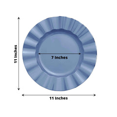 10-Pack Plastic 11" Round Dinner Plates in Ocean Blue Ruffled Rim with Gold Edging - Sturdy Disposable Dinnerware