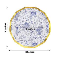 25-Pack Paper Round Dessert Plates 8" in White with Blue French Toile Pattern & Gold Wavy Rim - Disposable 350GSM Salad Plates
