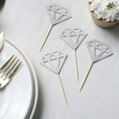 24-Pack Cupcake Toppers Diamond Ring Design Glitter Silver - Party Cake Picks Engagement Decoration Supplies