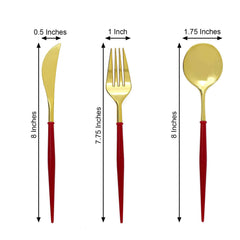 24-Pack Plastic Flatware Set in Metallic Gold with Red Handle - Heavy Duty Disposable Modern Silverware 8"