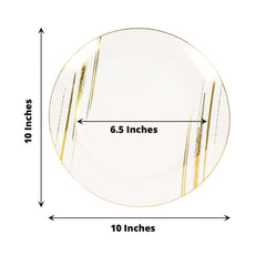 10-Pack Plastic 10" Round Dinner Plates in White with Gold Brush Stroked Print - Disposable Party Dinnerware for Modern Themed Events & Banquets