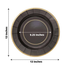 25-Pack Disposable Round Charger Plates in Black Sunray Design with Gold Rim - 350GSM Heavy Duty Paper Chargers 13"
