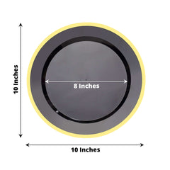 10-Pack Plastic 10" Round Dinner Plates in Black with Gold Rim - Disposable Party Plates for Classy Banquets & Special Occasions