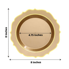 10-Pack Plastic 8" Round Dessert Plates in Gold with Gold Scalloped Rim - Disposable Appetizer/Salad Plates