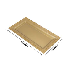 4-Pack Plastic 14" Rectangle Serving Trays Gold with Lace Rim - Chic Decorative Table Tray Platters for Buffets Banquets Dinner Parties