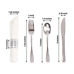 Set of 24 Silver Plastic Silverware with Pre-Rolled White Paper Napkins - Disposable Wrapped Fork, Spoon, and Knife Set