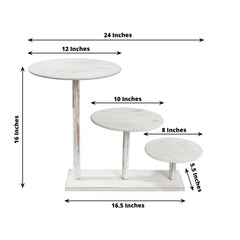 3-Tier Wooden Cake Stand Whitewash with Round Beaded Rim Trays - Rustic Cupcake Tower Dessert Display 24"x16"
