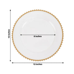 6-Pack Acrylic Round Charger Plates 13" in White with Gold Beaded Rim, Decorative Dinner Party Charger Tableware