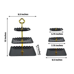 3-Tier Plastic Square Cupcake Stand Tower Black - Charming Disposable Dessert Display Serving Tray Platter with Heart Wavy Edge & Gold Top Handle for Tea Parties Weddings & Special Occasions 13"