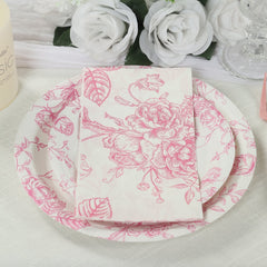 50 Pack 2-Ply Paper Party Napkins in French Toile Floral Pattern, Matte Pink and White Highly Absorbent Soft Disposable Dinner Napkins