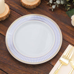 10-Pack Plastic 7" Round Dessert Plates in White with Gold Navy Blue Chord Rim - Renaissance Style Disposable Salad Appetizer Plates for Events & Banquets