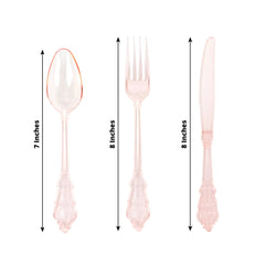 72 Pcs Plastic Silverware Set in Baroque Style Transparent Blush - Heavy Duty Disposable Knife, Fork, and Spoon Set