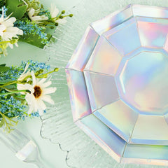 25-Pack Paper 7.5" Decagon Dessert Plates in Iridescent - Disposable Holographic Salad Plates for Starry Night & Fairytale Parties