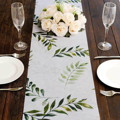 Disposable Table Runner 11"x108" White with Green Olive Leaves Print - Non-woven Stylish Spring Summer Dining Decor