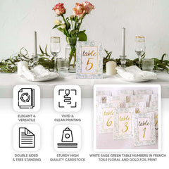 25-Pack Paper Wedding Table Numbers 1-25 White/Sage Green French Toile Design - Free Standing Double Sided Table Signs with Glam Gold Foil Numbers 7"