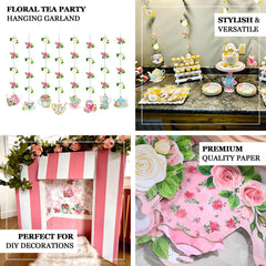8 Pack Double Sided Floral Tea Party Paper Garland, 40" Pre-Assembled Mixed Teapot Banner Hanging Decorations