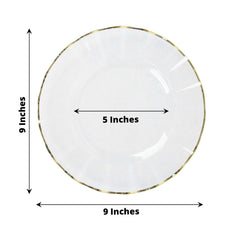 10-Pack Plastic 9" Round Dinner Plates in Clear Ruffled Rim with Gold Edging - Sturdy Disposable Dinnerware