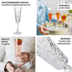 6 Pack 6oz Shatterproof Plastic Champagne Flutes with Embossed Leaf Pattern, Clear Reusable Cocktail Wine Glasses - 8.5"